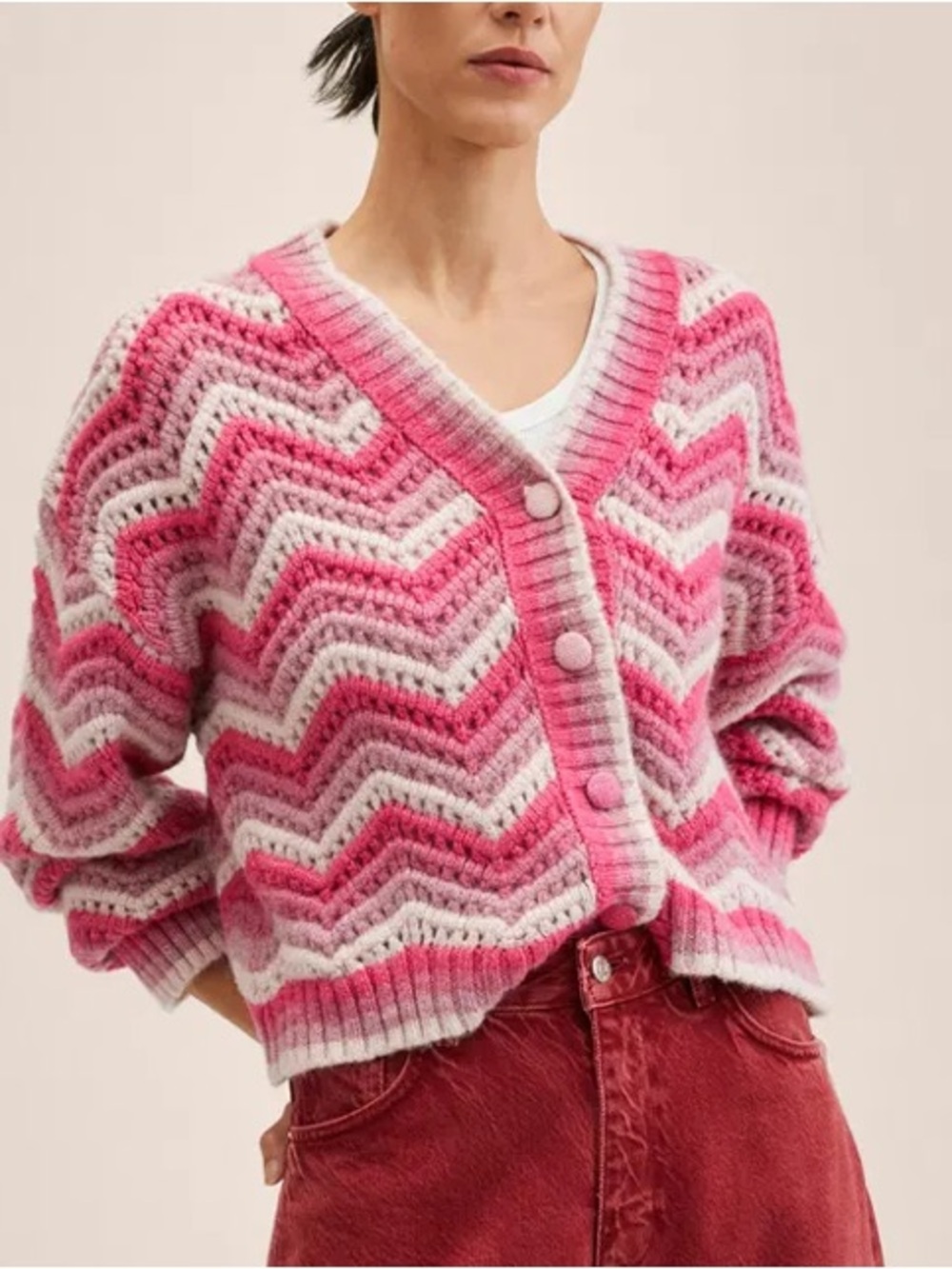 Mango pink Chevron stripe stitch crochet open knit v neck cardigan sz s